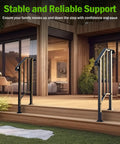 Two Pack Heavy Duty Outdoor Stair Handrails, Wrought Iron Step Guards With Quick Mount Kit, Hella Sturdy Security Railing For Porch Deck And Concrete Entrance, Matte Black installed on wooden steps.