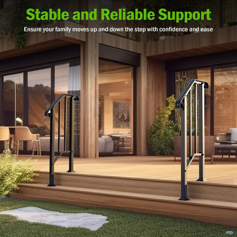 Two Pack Heavy Duty Outdoor Stair Handrails, Wrought Iron Step Guards With Quick Mount Kit, Hella Sturdy Security Railing For Porch Deck And Concrete Entrance, Matte Black installed on wooden steps.