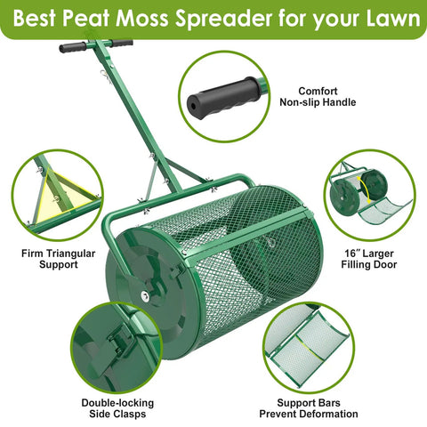Heavy Duty 24 Inch Compost Spreader For Lawn And Garden With Beefed Up Peat Moss And Topsoil Spreader Three Height Settings display