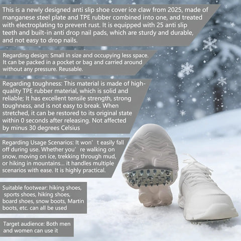 Close-up of 25 Teeth Anti Slip Shoe Covers for Winter Hiking, showing manganese steel and TPR rubber design on snowy ground.