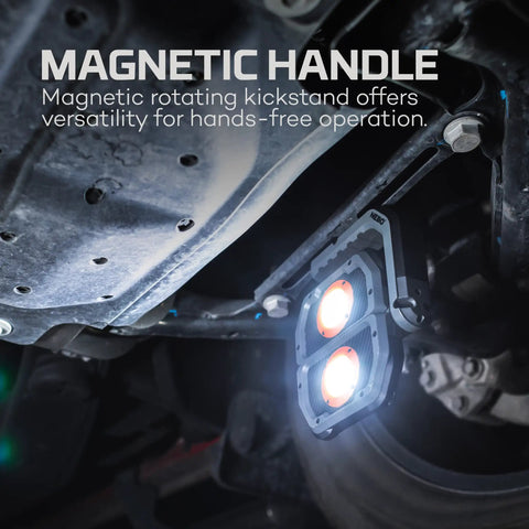 Omni 3K Rechargeable Work Light With 3000 Lumens, Six Modes, Rotating Magnetic Handles attached to metal surface