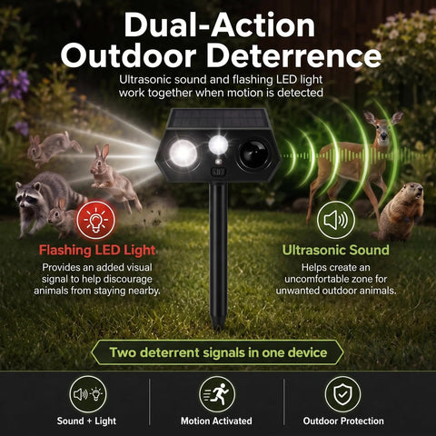 Solar Ultrasonic Critter Repeller With Motion Sensor And LED Flashing Light For Outdoor Yards And Gardens Deterring Deer Cats Dogs Rabbits Squirrels Raccoons And More Two Pack, black stake unit