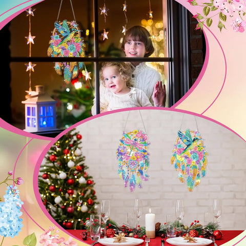 Twin Pack Hummingbird Dream Catcher Diamond Painting Kit for Adults hanging on window and wall at festive home setting