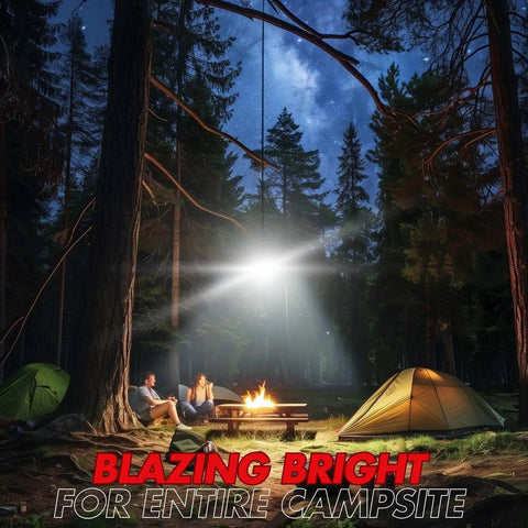 Gen 2 3000LM UFO Camping Lantern lighting campsite at night with glow illuminating trees and tents, rechargeably portable.
