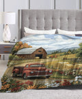 Super Cozy Pickup Truck Blanket Throw Ultra Soft Flannel Travel Blanket with farmhouse design on bed, 80x60 inches.