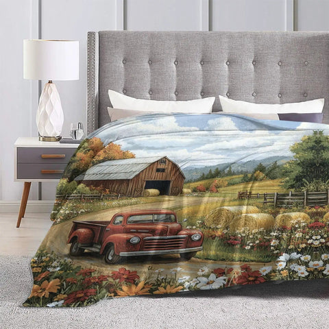 Super Cozy Pickup Truck Blanket Throw Ultra Soft Flannel Travel Blanket with farmhouse design on bed, 80x60 inches.