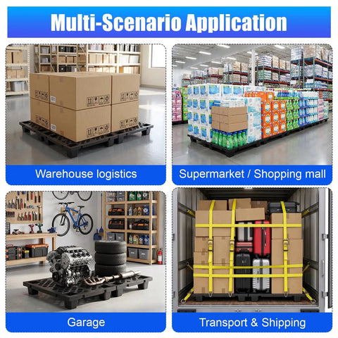 Eight Pack Plastic Pallets For Storage with Ventilated Raised Grid Surface in various scenarios, warehouse, garage, and transport