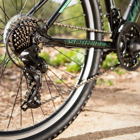 Close-up of Bike Chain Replacement One Half Inch By Three Thirty Second Inch, 112 Links, Derailleur Chain on mountain bike