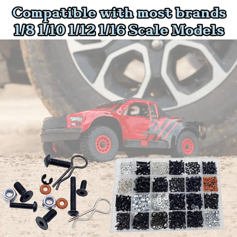1000 Piece RC Screw Kit With 1000pcs Screws Assortment displayed with RC car and fasteners in organized grids