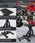 Beefy 400 Lb Motorcycle Jack Lift Stand With Adjustable Height Hydraulic Hoist Table supporting a red motorcycle