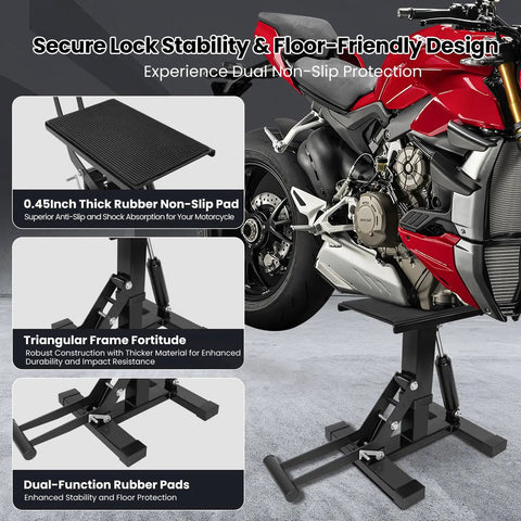 Beefy 400 Lb Motorcycle Jack Lift Stand With Adjustable Height Hydraulic Hoist Table supporting a red motorcycle
