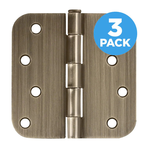 Built Thick Steel Interior Door Hinges Four Inch Antique Brass Finish Three Pack With Removable Pin, close-up view of hinge.