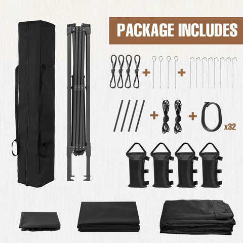 Package contents of 11x11 Pop Up Gazebo Tent With Mesh Netting, Instant Outdoor Canopy With UPF 50 Plus UV Protection, accessories visible.