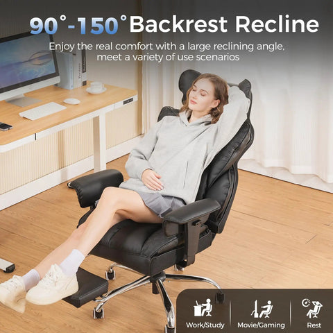 Big And Tall Gaming Chair With Retractable Footrest And Pocket Spring Lumbar Support And Heavy Duty 400 Pound Capacity Office Seat showing 90°-150° backrest recline for work and relaxation.