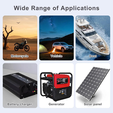 Applications for Starlink Mini O Ring Connector Extension Cable include motorcycle, vehicle, boat, battery charger, generator, solar panel.