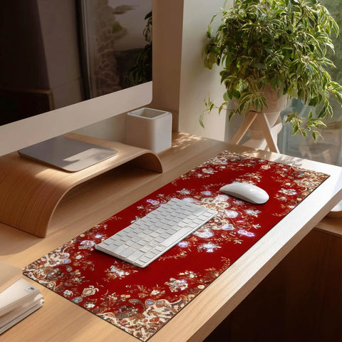Massive 31.5 By 11.8 Inch Gaming Mouse Pad With Luxury Red Ornamental Pattern, Non Slip Desk Mat in home office setup