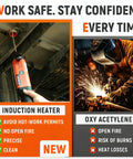 Comparison of 1500W Induction Bolt Removal Kit With Case, 25S Fast Heat Induction Tool And Bolt Buster and oxy acetylene, showcasing safety features.
