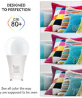 Go To LED GU24 A19 Light Bulb 12W 75W To 100W Replacement shown with color display at different CRI levels.