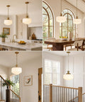 Vintage Brass Milk Glass Pendant Lights Fixture, Pleated Glass Chandelier over kitchen island and dining table.