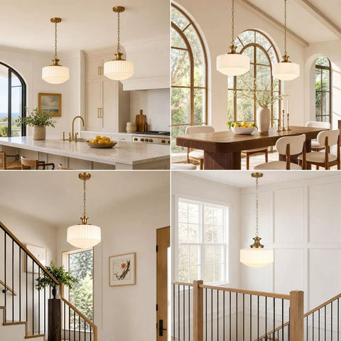Vintage Brass Milk Glass Pendant Lights Fixture, Pleated Glass Chandelier over kitchen island and dining table.