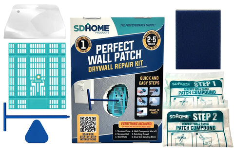 All In One Drywall Repair Kit With Wall Plate, Two Patch Compound Bags, Dual Grit Sanding Block And Trowel For Quick Hole Repair