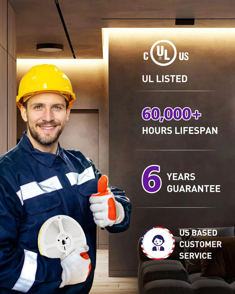 Man in a hard hat with Warm White 3000K COB LED Strip Light 16.4ft High Density 2560 LEDs 24V Tape for DIY Install, UL Listed.