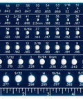 Front view of Holistic drill bit gauge, blue plastic with rows of drill-size holes labeled in inches and millimeters