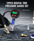 Digital Tire Pressure Gauge With Inflator Kit, 250 PSI, features brass air chuck and rubber hose
