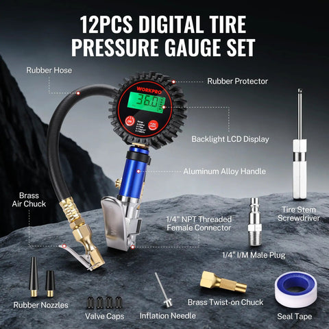 Digital Tire Pressure Gauge With Inflator Kit, 250 PSI, features brass air chuck and rubber hose
