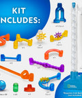Motorized Marble Run With Elevator And Spiral Lift, 95 Piece STEM Toy Kit parts displayed, including track and marbles.