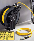 Heavy Duty 1/2 Inch By 50 Foot Hybrid Air Compressor Hose With 1/2 In Mnpt Ends And Bend Restrictors coiled on a reel, showcasing its yellow color.