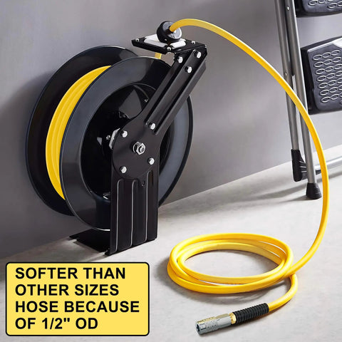 Heavy Duty 1/2 Inch By 50 Foot Hybrid Air Compressor Hose With 1/2 In Mnpt Ends And Bend Restrictors coiled on a reel, showcasing its yellow color.