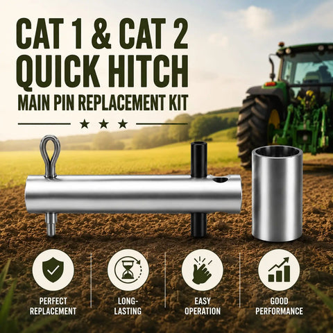 Easy Change Quick Hitch Main Pin Kit For 3 Point Tractors Cat 1 And Cat 2, Fits 7/8 Inch Ball Ends On Cat 1 Lift Arms And Includes Bushings To Adapt 1-1/8 Inch Ball Ends For Cat 2, Fast Install, Durable Steel, quick hitch main pin and bushing kit