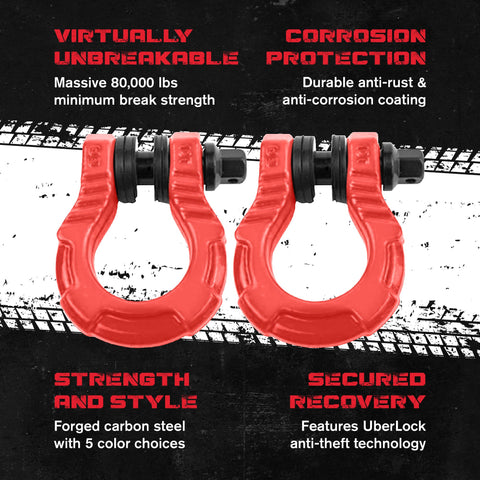Beefy Off Road Recovery Shackles With Anti Theft Lock 80k Lbs Strength 40 Tons For Tow Strap Or Winch Line D Rings And Uber Lock Security Pin Red 2 Pack