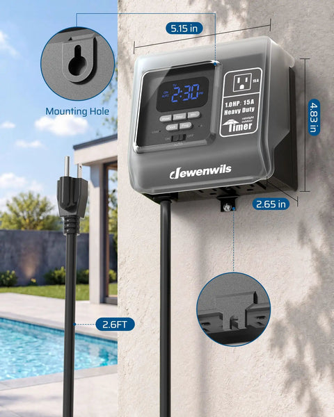 Heavy Duty Seven Day Programmable Outdoor Timer With Solid Locking Plug Smart Swap for pool gear, mounted beside pool, dimensions displayed.