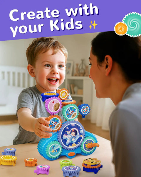 Child playing with Gear Building Toys For Kids Electric And Manual Construction Set with adult, colorful gears on table.