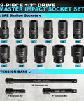 Half Inch Drive 29 Piece Shallow Socket Set With CR MO Construction For SAE And Metric Sizes Three Eighths Through One Inch And Ten Through Twenty Four Millimeters Includes Extension Bars For Pros And DIYers. 1/2-inch CR-MO shallow impact sockets and extension bars