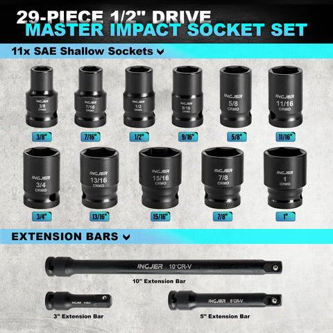 Half Inch Drive 29 Piece Shallow Socket Set With CR MO Construction For SAE And Metric Sizes Three Eighths Through One Inch And Ten Through Twenty Four Millimeters Includes Extension Bars For Pros And DIYers. 1/2-inch CR-MO shallow impact sockets and extension bars