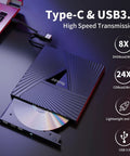 External CD DVD Drive For Laptop And PC USB C Portable Disk Burner showing open disc tray next to USB-C cable
