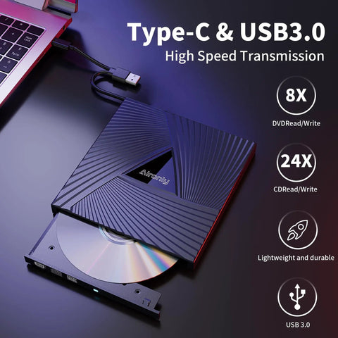 External CD DVD Drive For Laptop And PC USB C Portable Disk Burner showing open disc tray next to USB-C cable