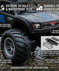 Close-up of Amphibious 4WD RC Monster Truck With Waterproof Design, highlighting waterproof tech and durable all-terrain tires.