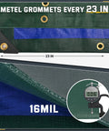16 Mil Heavy Duty Waterproof Tarp With Metal Grommets, Reversible Dark Green And Blue Poly Tarp, 10x12 Ft Outdoor Shelter
