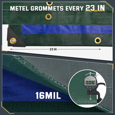 16 Mil Heavy Duty Waterproof Tarp With Metal Grommets, Reversible Dark Green And Blue Poly Tarp, 10x12 Ft Outdoor Shelter