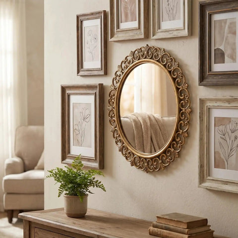111 Piece Picture Hanging Hooks For Drywall Kit No Damage With 15lb 25lb And 40lb Options Heavy Duty Steel Pins That Press In Easy No Drill Tool Free Wall Hangers For Home Office Garage Quick No Mess Frame Mounts Made Simple ornate wall mirror and framed art display in living room
