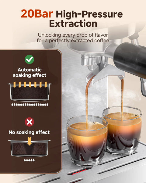 Espresso Machine With Built In Grinder And Milk Frother, 190-201F Temp Control, 44 Grind Settings, Touch Screen, Silver Finish, brewing coffee.