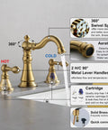 Diagram of Two Handle Brushed Gold Bathroom Faucet For 3 Hole 8 Inch Widespread Lavatory With High Arc Spout And Pop Up Drain Lead Free And CUPC NSF Certified Easy Install Solid Brass Construction Fits 8 To 12 Inch Spread Lavatory Model F 8805 BG showcasing features.