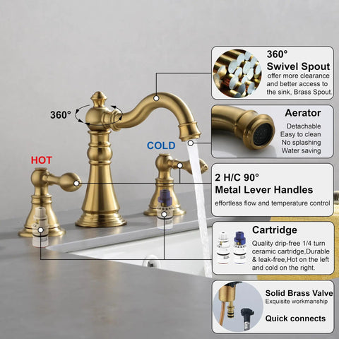 Diagram of Two Handle Brushed Gold Bathroom Faucet For 3 Hole 8 Inch Widespread Lavatory With High Arc Spout And Pop Up Drain Lead Free And CUPC NSF Certified Easy Install Solid Brass Construction Fits 8 To 12 Inch Spread Lavatory Model F 8805 BG showcasing features.