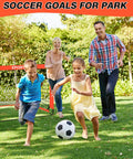 2 Pack 4 By 3 Feet Pop Up Soccer Goals Set For Indoor And Outdoor Practice Portable Goals With Carrying Bag And Ground Stakes Orange Perfect For Backyard Field Court. Family playing soccer with a pop-up goal in the park.