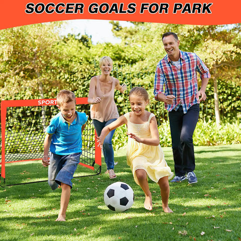 2 Pack 4 By 3 Feet Pop Up Soccer Goals Set For Indoor And Outdoor Practice Portable Goals With Carrying Bag And Ground Stakes Orange Perfect For Backyard Field Court. Family playing soccer with a pop-up goal in the park.