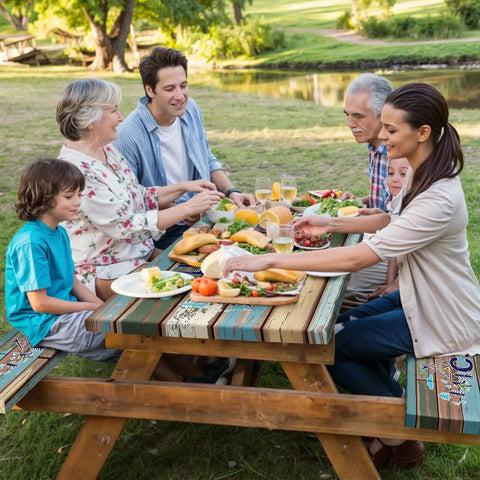 Family enjoying picnic on a wooden table outdoors, with colorful picnic table cover and bench covers
